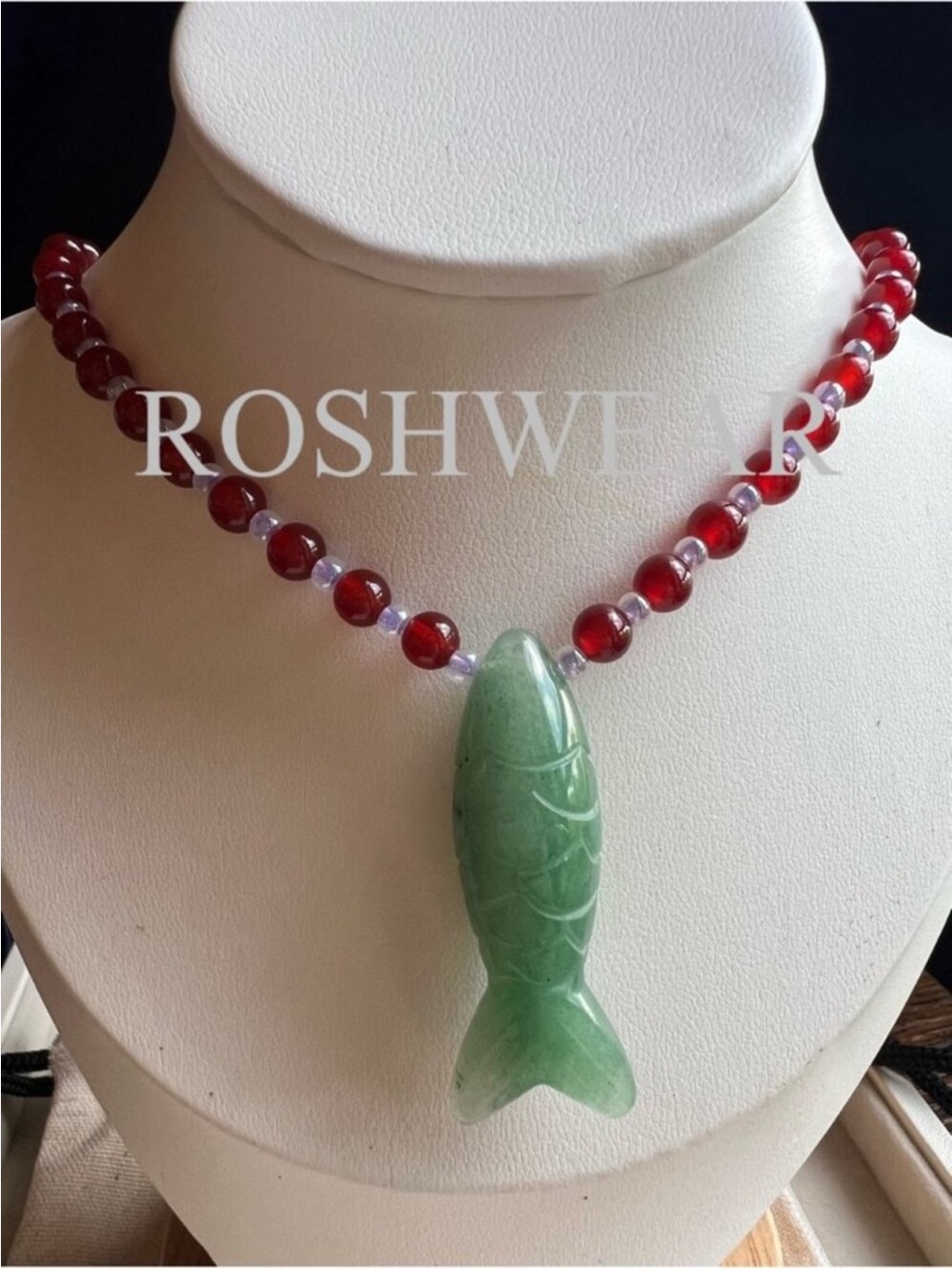 Green Adventure Fish Pendant with Red Agate Beads NWOT